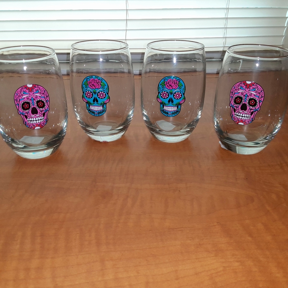 Halloween Decor 4pc Sugar Skull Stemless Glassware Set
